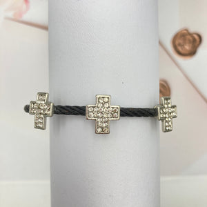 Three Rhinestone Crosses Black Magnetic Closure Bracelet