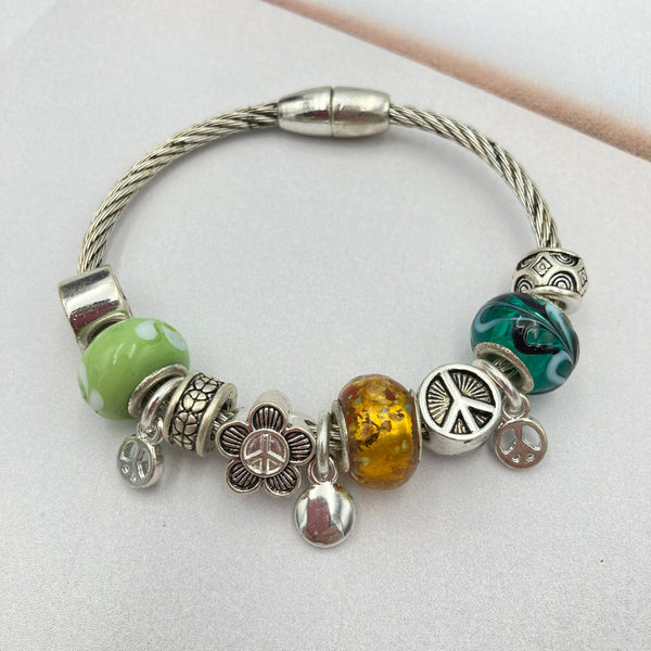 Green Gems Peace Charm Magnetic Closure Bracelet