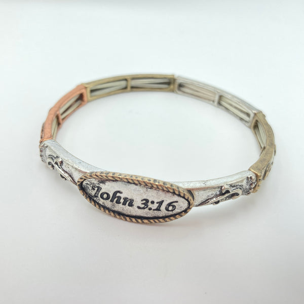 John 3:16 Tri Tone Western Stretch Bangle Bracelet