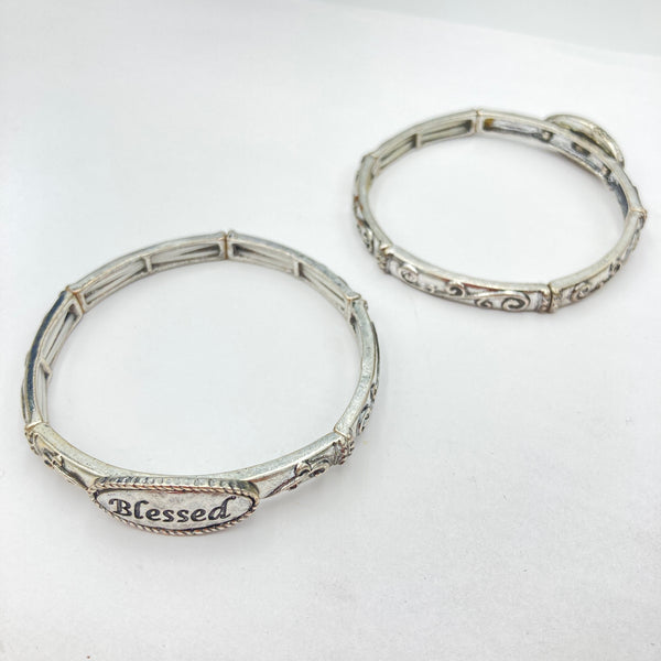 Blessed Silver Tone Western Stretch Bangle Bracelet