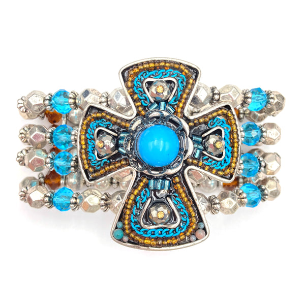 Cross with Gold Blue Beads Stretch Bracelet