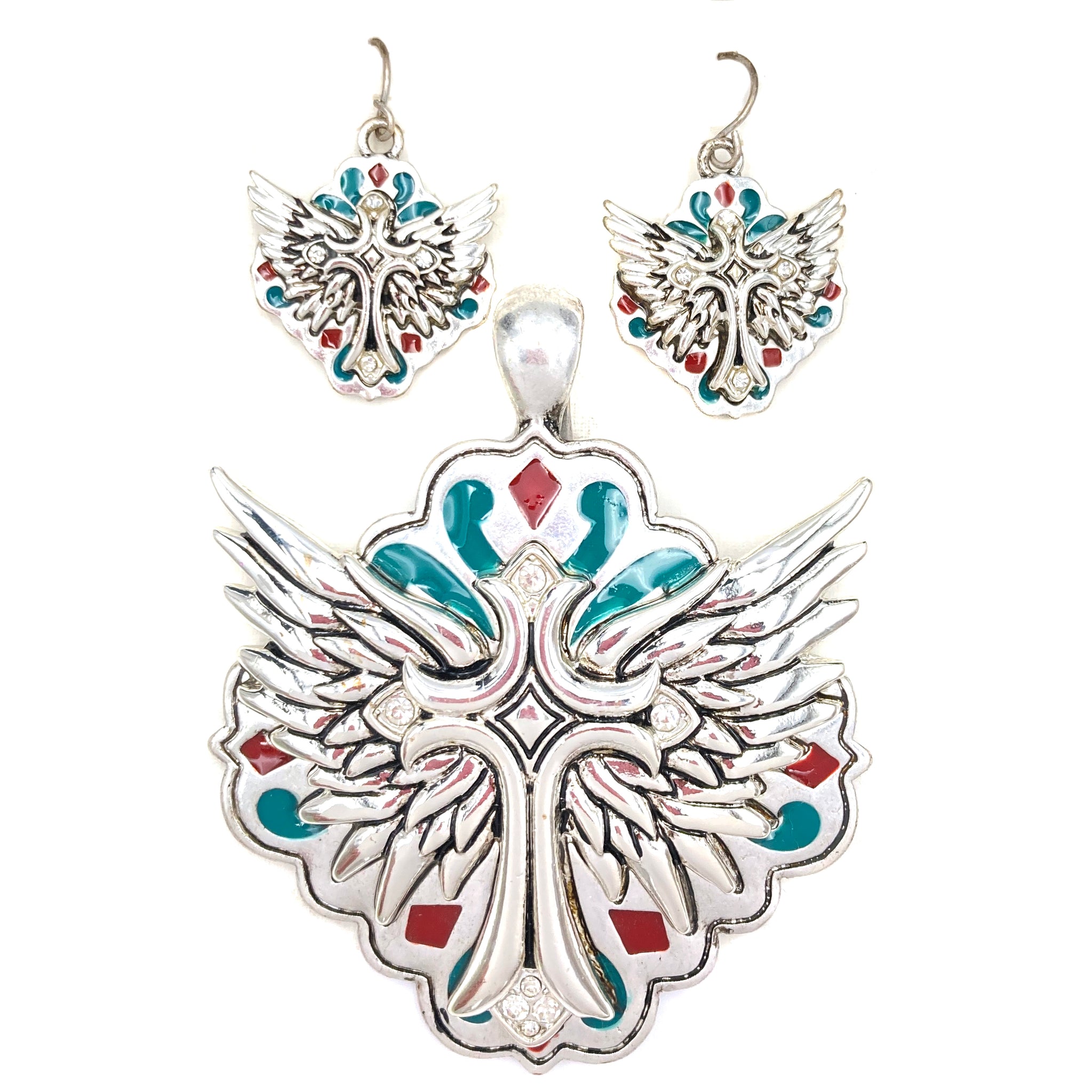 Cross Angel Wing Turquoise Red Magnetic Pendant with Earrings