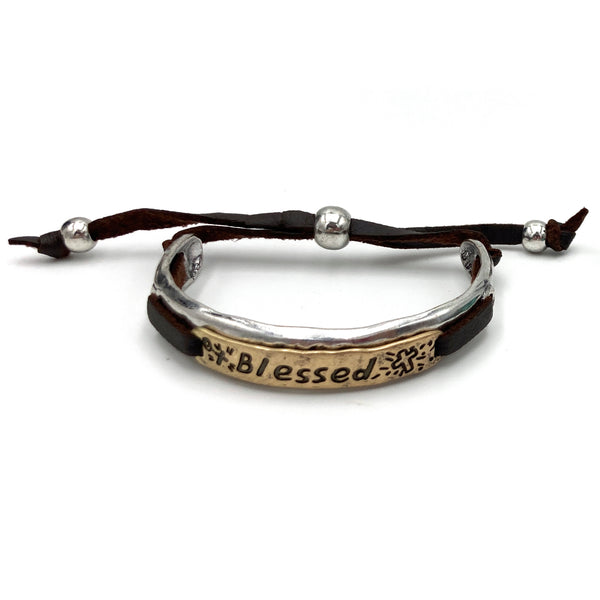 Engraved Blessed and Cross Small Western Bracelet Cuff