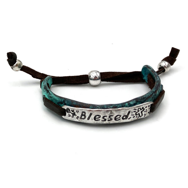 Engraved Blessed and Cross Small Western Bracelet Cuff