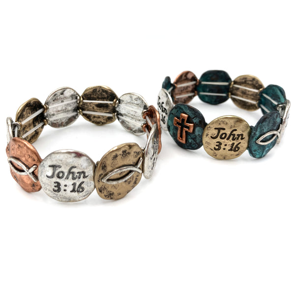 Cross Ichthys John 3:16 Tri Tone Circle Western Stretch Bracelet