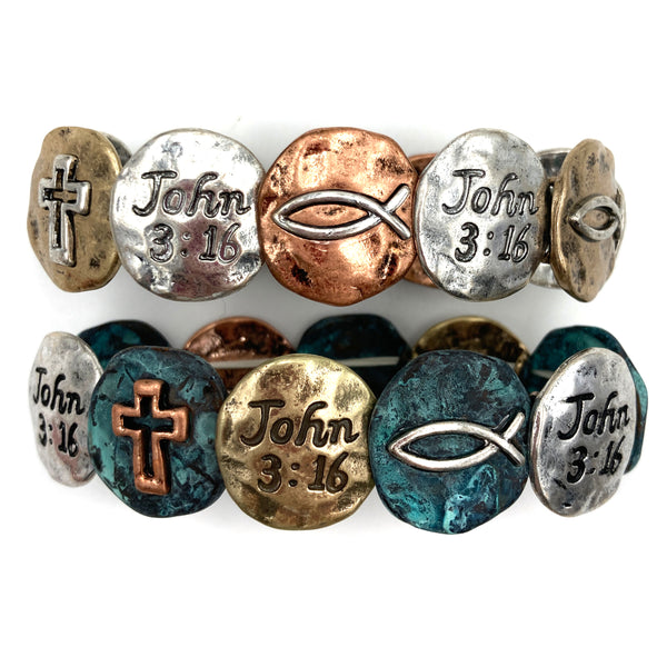 Cross Ichthys John 3:16 Tri Tone Circle Western Stretch Bracelet