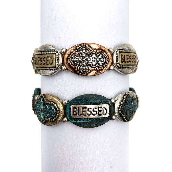 Blessed Cross Western Tri Tone Metal Stretch Bracelet