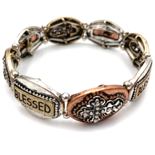 Blessed Cross Western Tri Tone Metal Stretch Bracelet