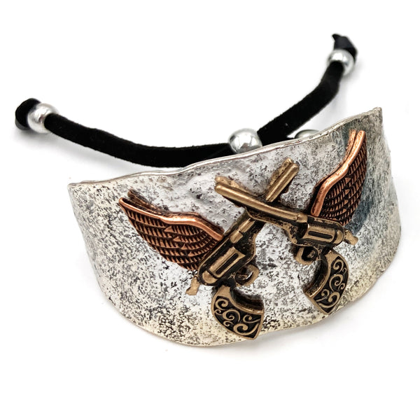 Dual Pistol Gun Angel Wing Western Style Cuff Bracelet