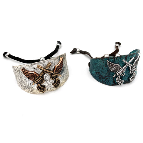 Dual Pistol Gun Angel Wing Western Style Cuff Bracelet