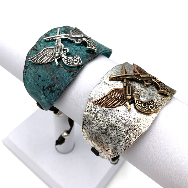 Dual Pistol Gun Angel Wing Western Style Cuff Bracelet