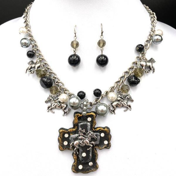 Western Cross Cowboy Horse Rider Pearl Necklace Earring Set