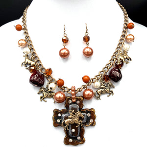 Western Cross Cowboy Horse Rider Pearl Necklace Earring Set