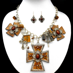 Western Cross Pendant and Charms Brown Necklace Earring Set