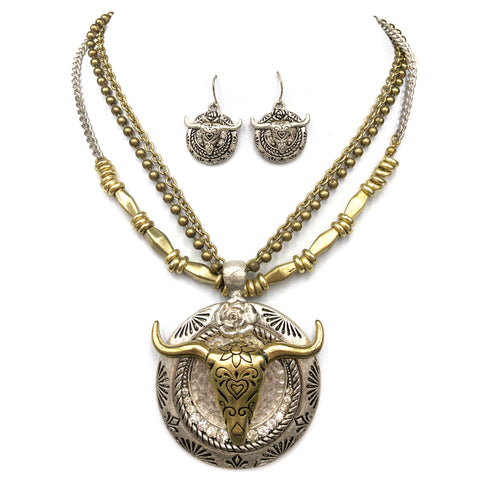 Longhorn Skull Floral Pendant Necklace Earring Set