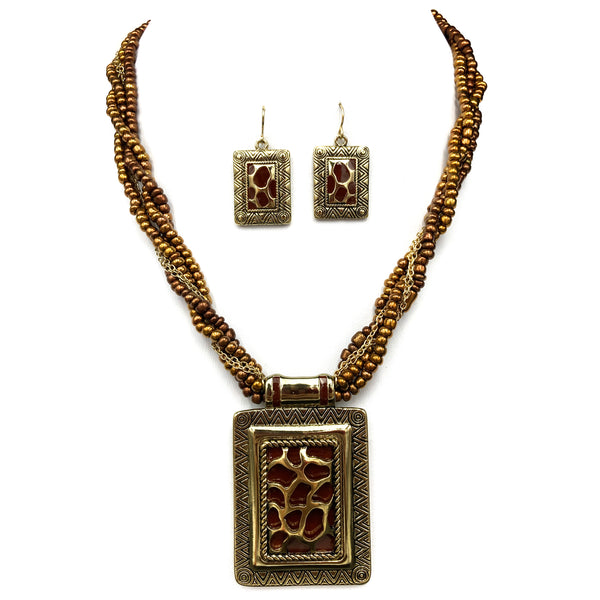 Brown Gold Beads Leopard Pendant Necklace Earring Set