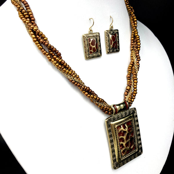 Brown Gold Beads Leopard Pendant Necklace Earring Set