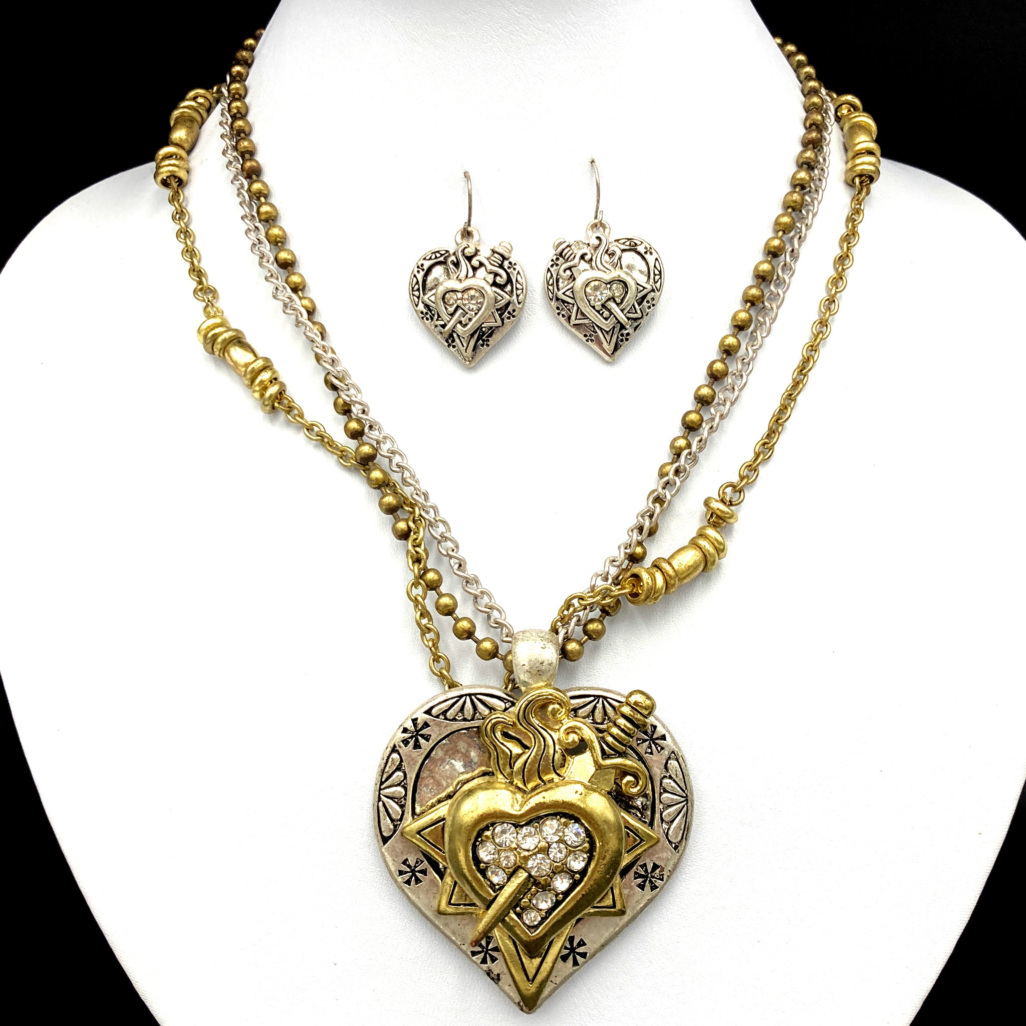 Sword through Heart Pendant Necklace Earring Set