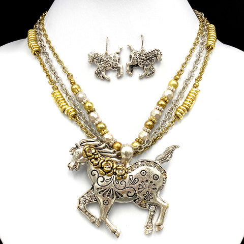 Horse Floral Pendant Necklace Earring Set