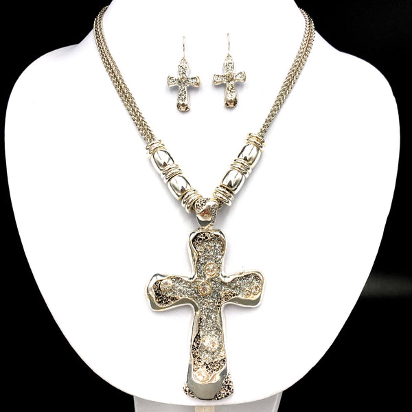 Silver Cross Bling Glitter Necklace Earring Set