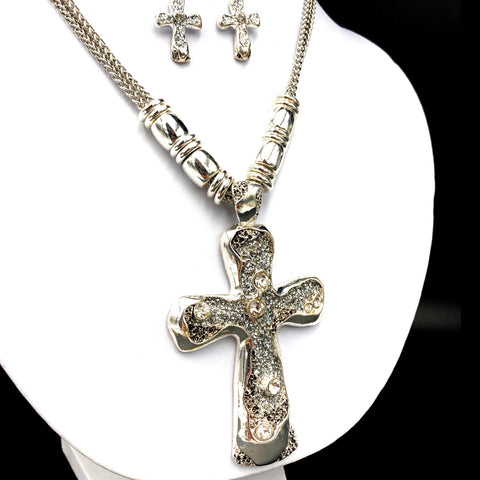 Silver Cross Bling Glitter Necklace Earring Set