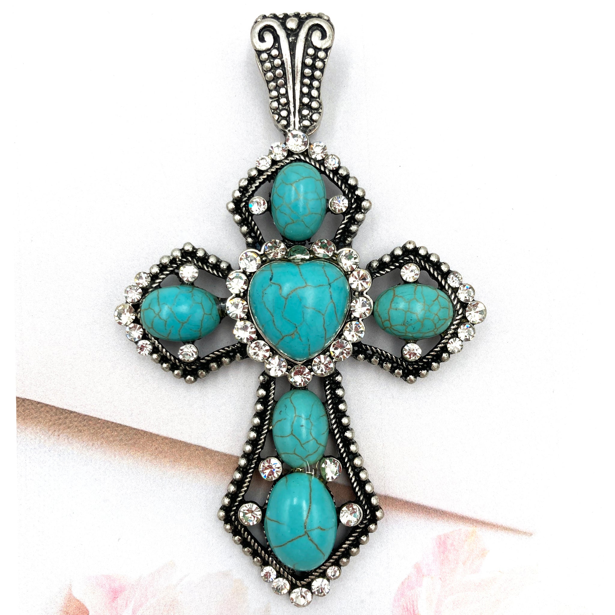 Heart Jeweled Turquoise Rhinestone Cross Magnetic Pendant