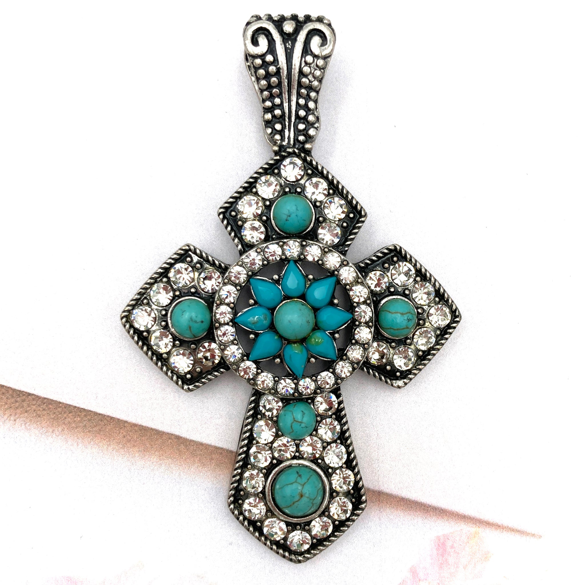 Flower Jeweled Turquoise Rhinestone Cross Magnetic Pendant