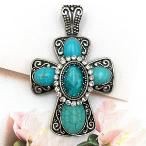 Turquoise Stone Jeweled Rhinestone Cross Magnetic Pendant