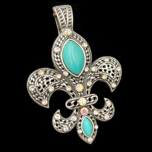 Fleur De Lis Western Rhinestone Turquoise Magnetic Pendant