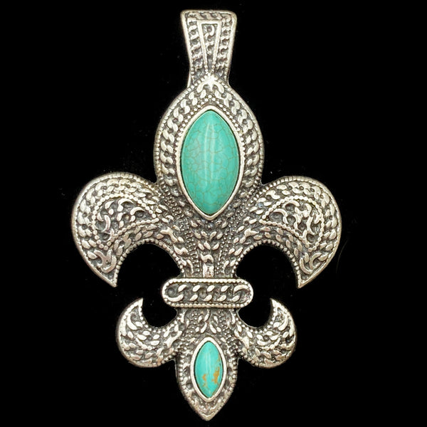 Fleur De Lis Western Rhinestone Turquoise Magnetic Pendant