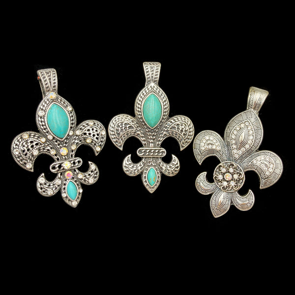 Fleur De Lis Western Rhinestone Turquoise Magnetic Pendant