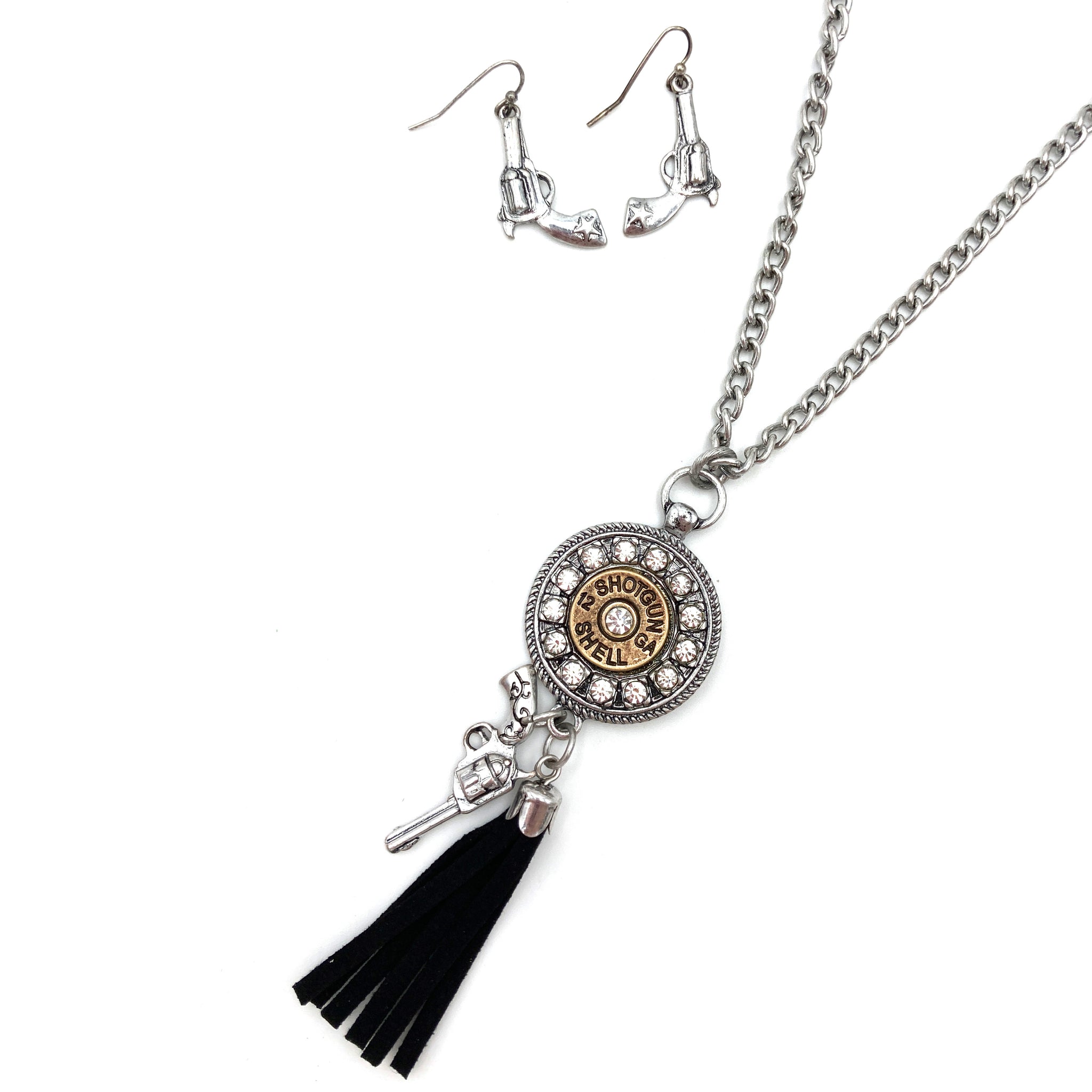 Pistol Gun Bullet Tassel Charm Long Necklace with Earrings Set