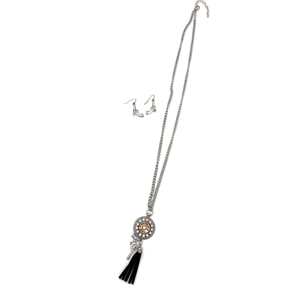 Pistol Gun Bullet Tassel Charm Long Necklace with Earrings Set