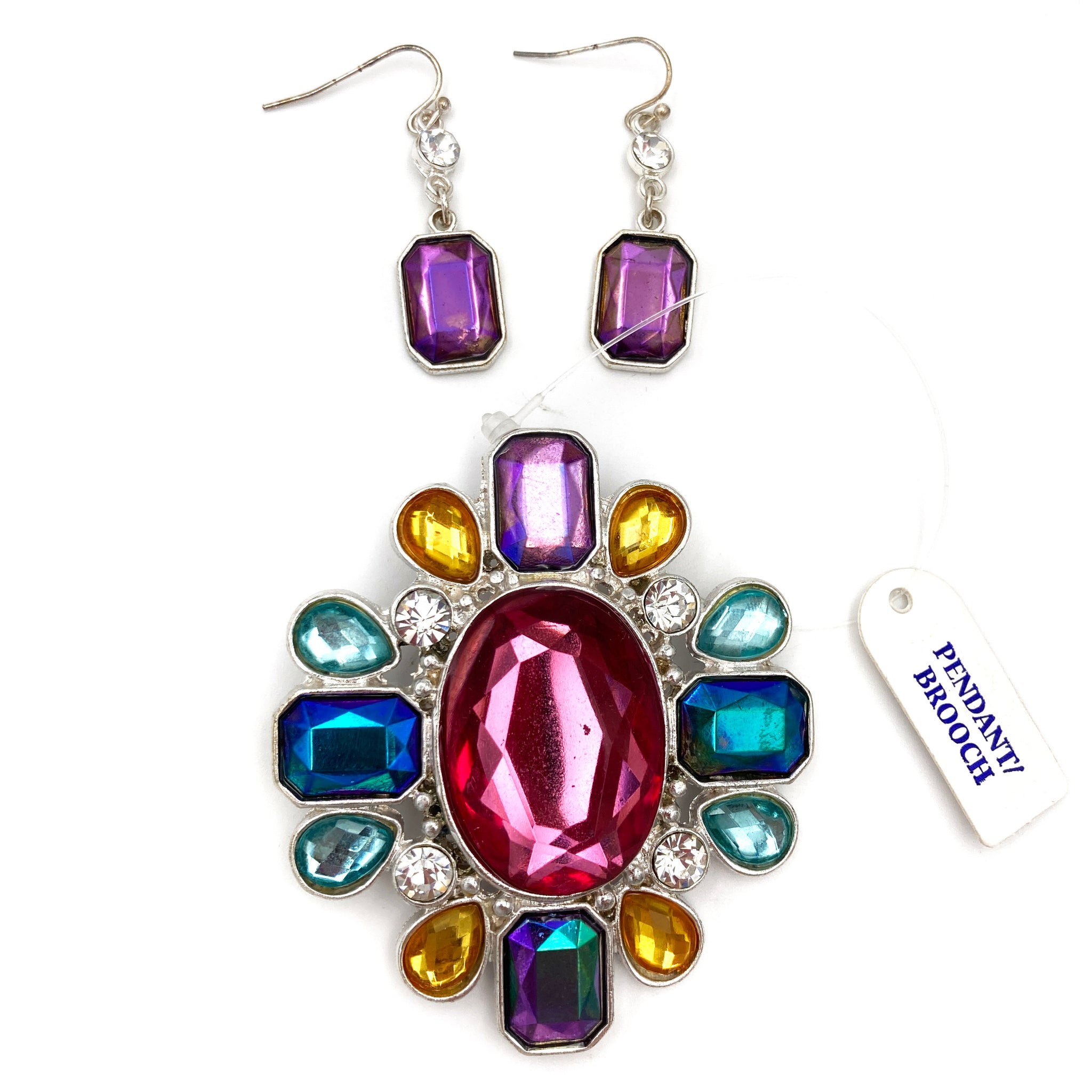 Colorful Crystal Stone Pendant and Brooch with Earrings Set