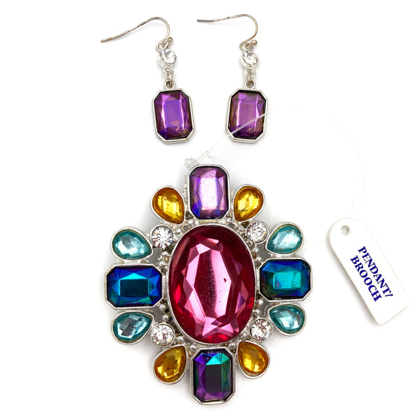 Colorful Crystal Stone Pendant and Brooch with Earrings Set