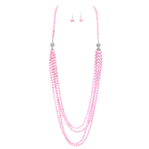 Crystal Pearl Long Opera Necklace with Earrings in Baby Pink