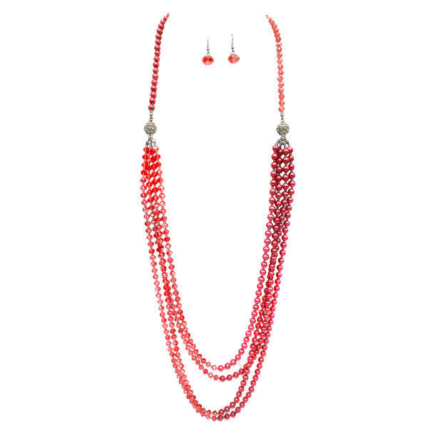 Crystal Pearl Long Opera Necklace with Earrings in Scarlet Red