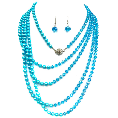 Crystal Pearl Long Opera Necklace with Earrings in Turquoise Blue