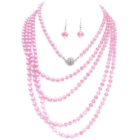 Crystal Pearl Long Opera Necklace with Earrings in Baby Pink