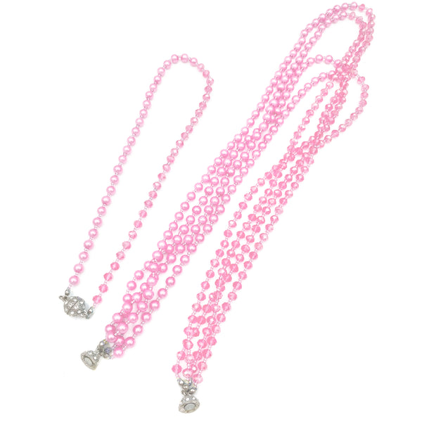 Crystal Pearl Long Opera Necklace with Earrings in Baby Pink