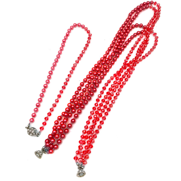 Crystal Pearl Long Opera Necklace with Earrings in Scarlet Red