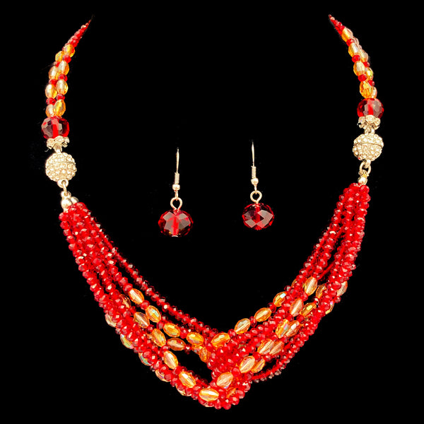 Crystal Princess Necklace with Earrings in Velvet Red Orange