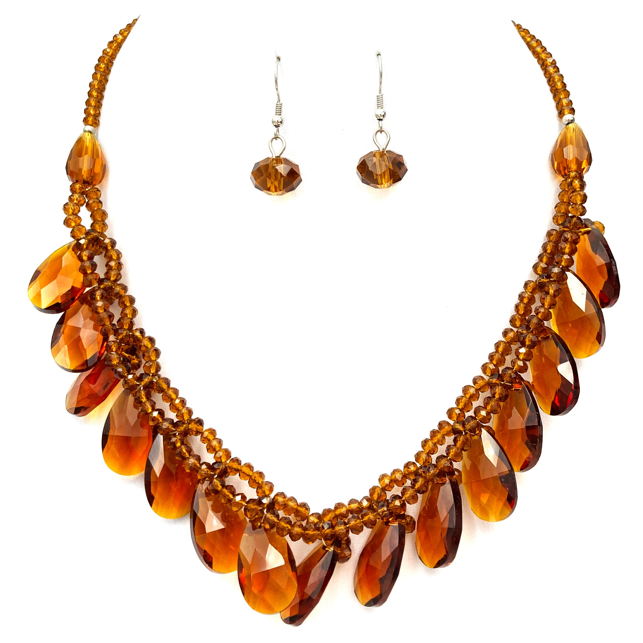 Teardrop Crystal Two Piece Opera Necklace Earrings Topaz Brown