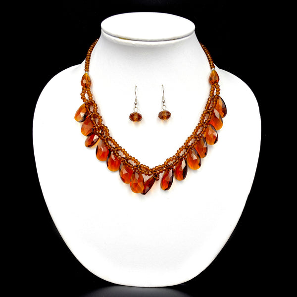 Teardrop Crystal Two Piece Opera Necklace Earrings Topaz Brown