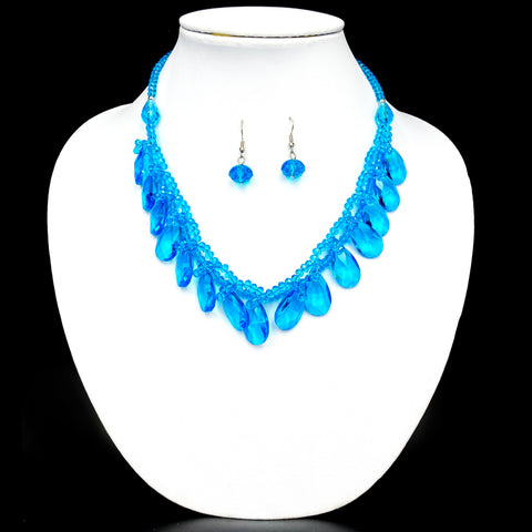 Teardrop Crystal Two Piece Opera Necklace Earrings Sky Blue