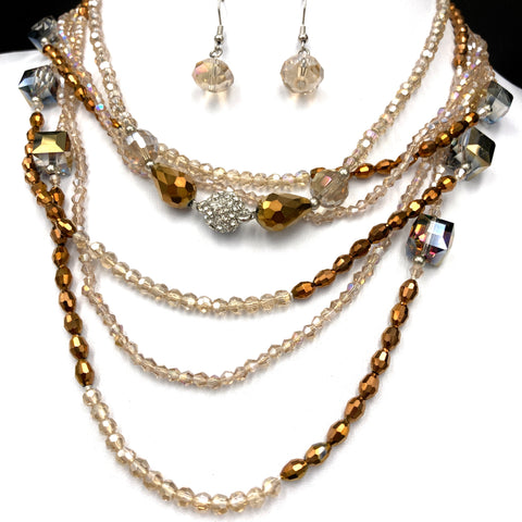 Cube Crystal Beads Two Piece Opera Necklace Earrings Champagne Gold