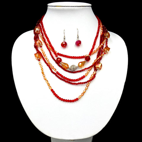 Cube Crystal Beads Two Piece Opera Necklace Earrings Fire Red