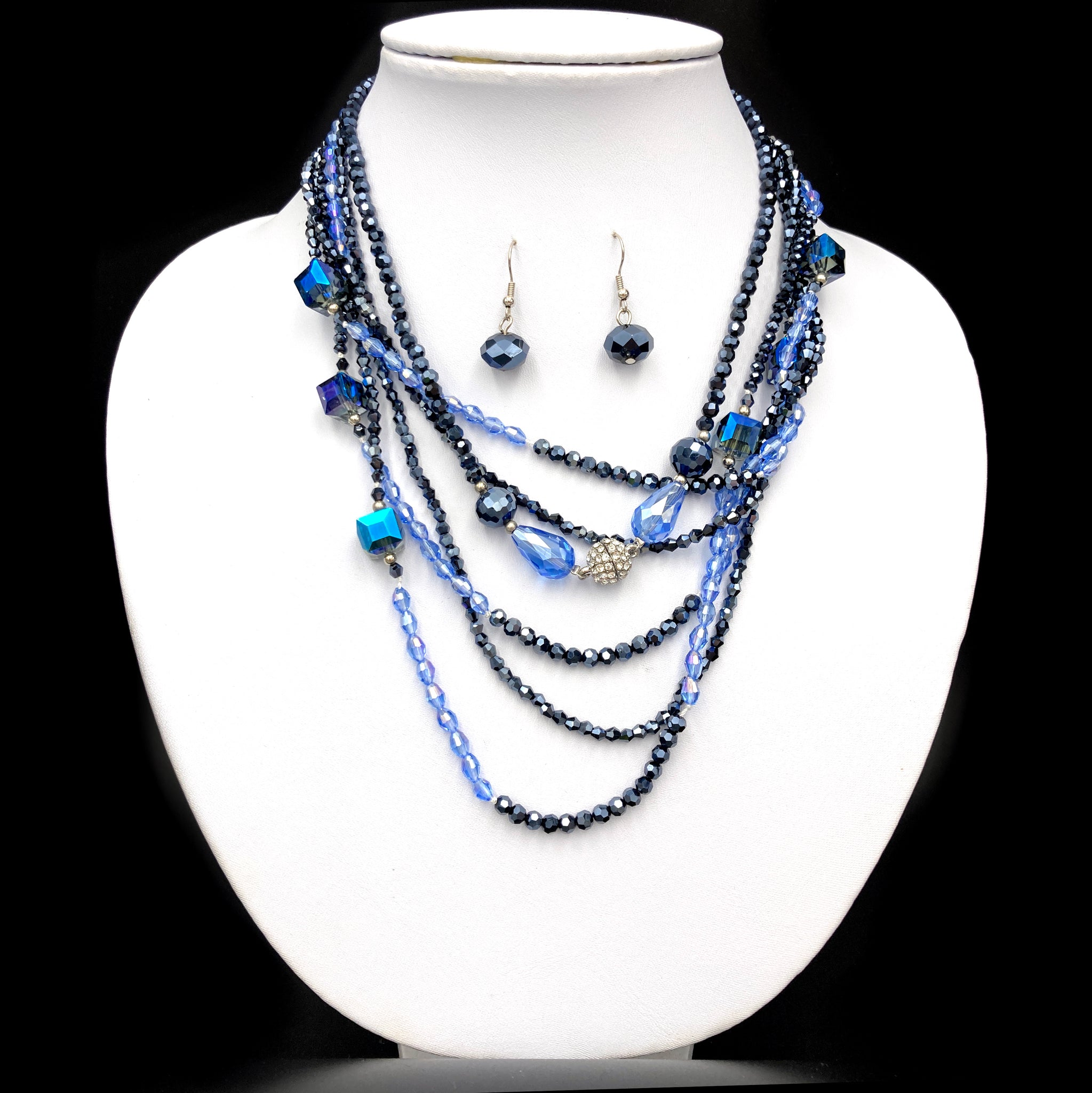 Cube Crystal Beads Two Piece Opera Necklace Earrings Ocean Blue