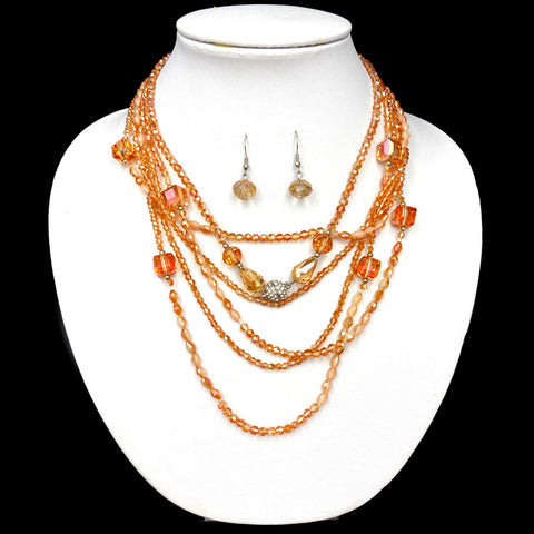 Cube Crystal Beads Two Piece Opera Necklace Earrings Bright Orange