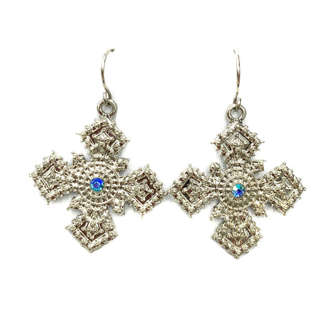 Silver Cross Blue Rhinestone Crystal Earrings